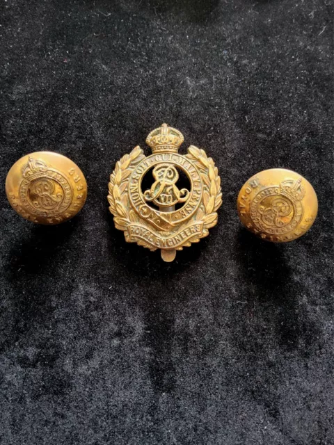 Original Edward VII Royal Engineers Brass Cap Badge & 2 Buttons 1901 - 1910 era