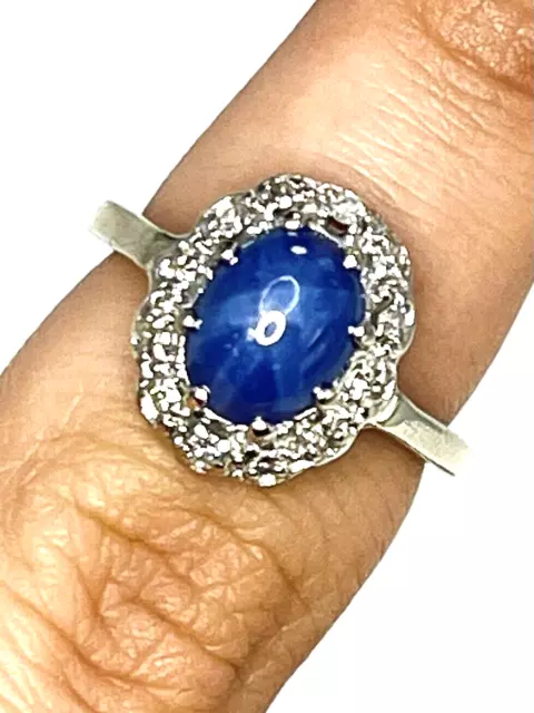 14k Solid White Gold Natural Oval Blue Star Sapphire & Diamond Halo Ring Sz 6.5