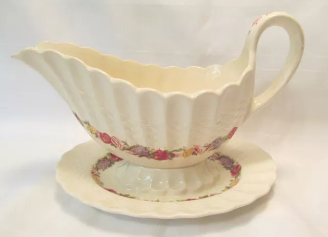 Spode Copeland England ROSE BRIAR Wicker Gravy Boat Attached Under Plate