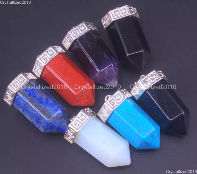 Natural Gemstones Hexagonal Pointed Reiki Chakra Healing Pendant Beads 17x38mm