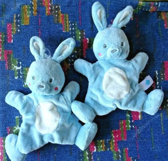 Gn  / Lot De 2 Doudou Marionnette Tex Lapin Bleu Rond Blanc Joue Rose Neuf