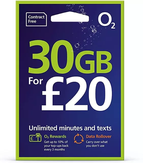 O2 Sim Card Pay As You Go £20 Bundle 30GB Data Unlimited Calls & Texts