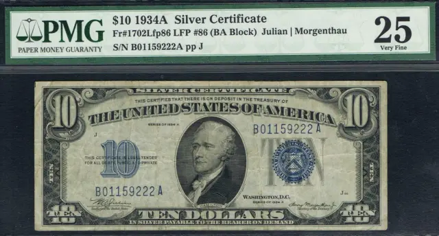 $10 1934A  Silver Certificate. Fr.1702Lfp86. LFP # 86. PMG 25