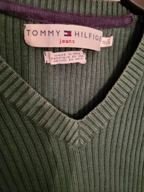 Tommy Hilfiger Green  Ribbed Knit Long Sleeve V Neck Thick cotton top Womens S