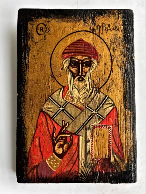 Icono ortodoxo vintage de San Nicolás pintado a mano sobre madera