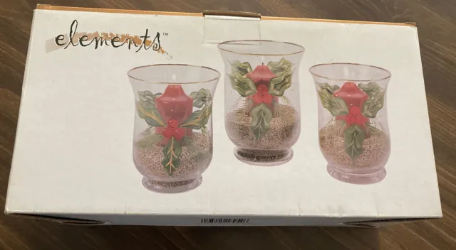 Elements Set of 3 Christmas Holly Hand Painted Hurricane Glass Candle Holders