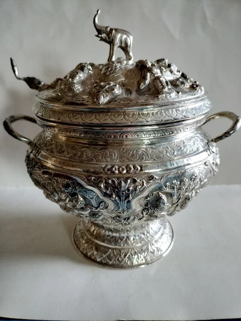 Antique Burmese Asian Silver High Relief Ceremonial Rice Bowl Elephant Top Ladle