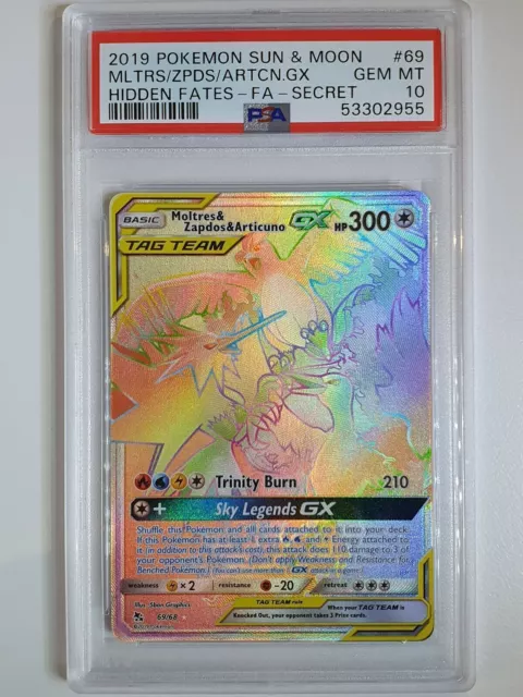 Pokemon - Sun & Moon - Hidden Fates - Moltres & Zapdos & Articuno-GX  (Rainbow Rare) - 69/68 - Graded 