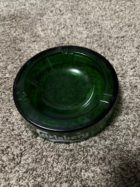 Carlsberg Ashtray Emerald Green Round Glass Pub Advertising Vtg Made in France