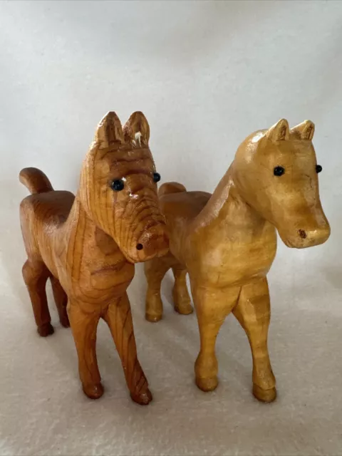 TWO ~  Hand Carved Wood Horses Ponies Folk Art  Animal Handmade Primitive