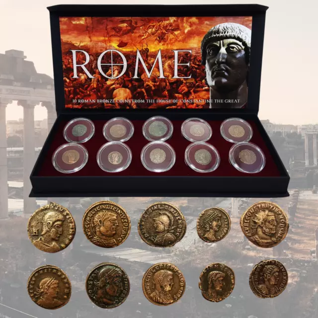 House of Constantine: 10 Roman Bronze Coins Deluxe Box w COA