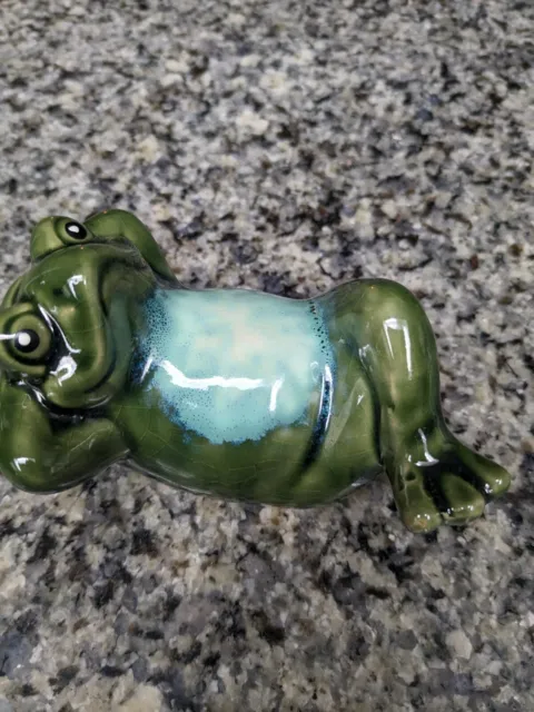 Green Glazed Ceramic Relaxing Frog Figurine