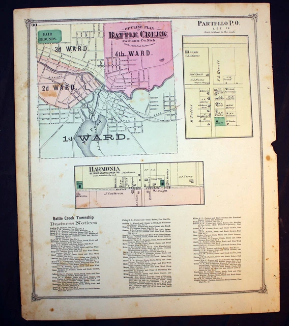 PLAN OF BATTLE Creek or Verona Antique Plat Map 1873 Calhoun County