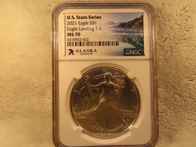 NGC 2021 T-2 American Silver Eagle MS 70 U.S. State Series Alaska (Bin E)