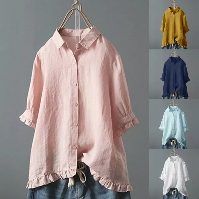 Women Shirt  Ruffles Turn Down Collar Blouse Tops Cotton Loose Tunic White Shirt