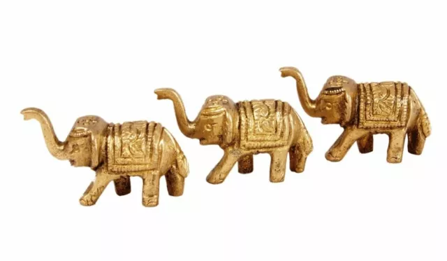 Set Mit 3 Selten Handgefertigt Messing Elefant Figur Kunstvoll Wohnkultur Gold