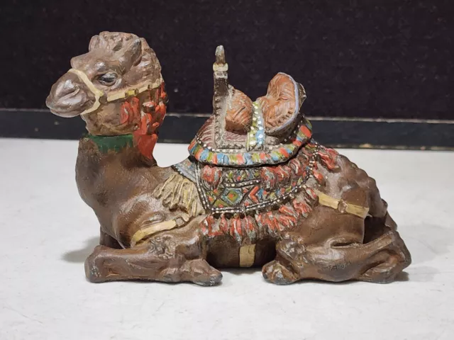 Antique Heavy Metal Cold Painted Sitting Camel Inkwell Figural NO LINER