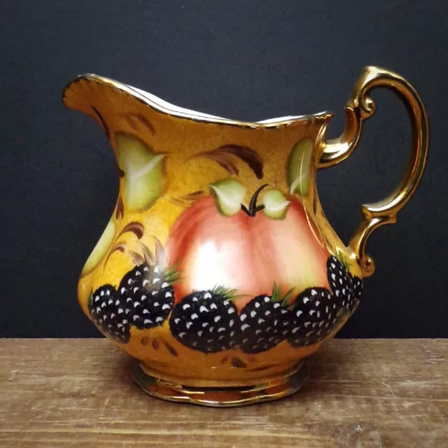 Hand Painted Milk Jug Vintage Fruit Apple Blackberries Gold China Porcelain