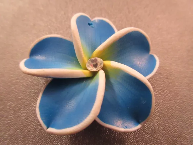 Hawaii Plumeria Flower Polymer Clay w/ Rhinestone 38mm Blue Pendant 1pc
