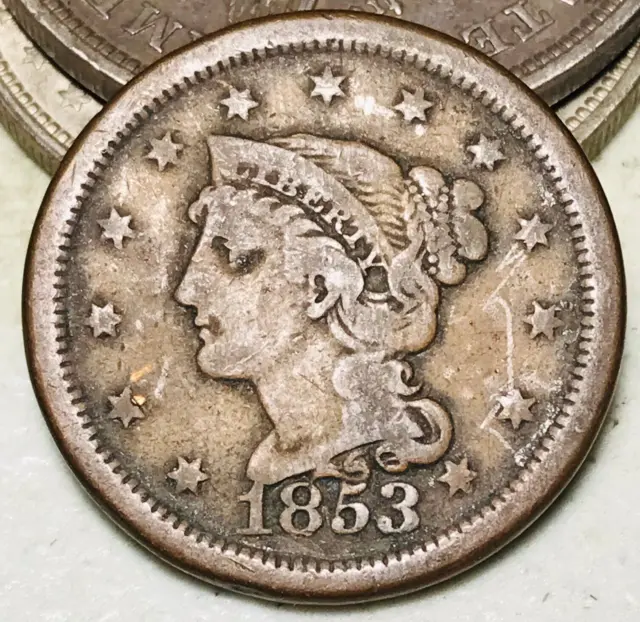 1853 Large Cent Matron Braided Hair 1C Ungraded Choice US Copper Coin CC18241