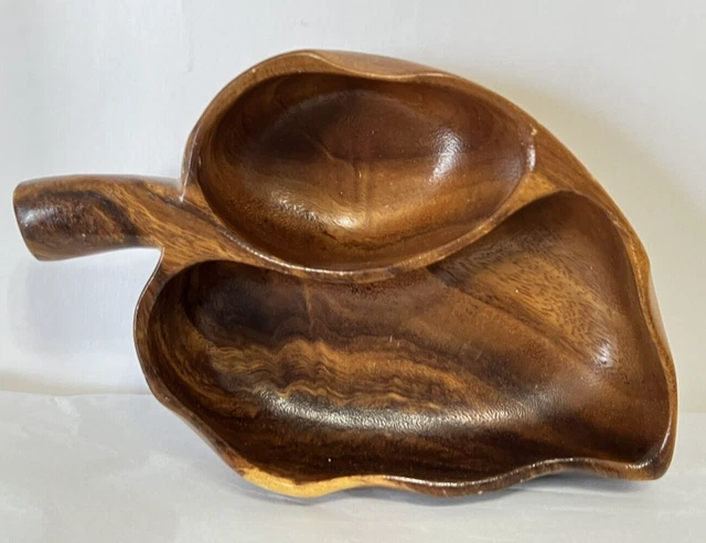 Vintage House Of Monkey Pod Wood Divided Leaf Shaped Snack Bowl Mid-Cent Modern