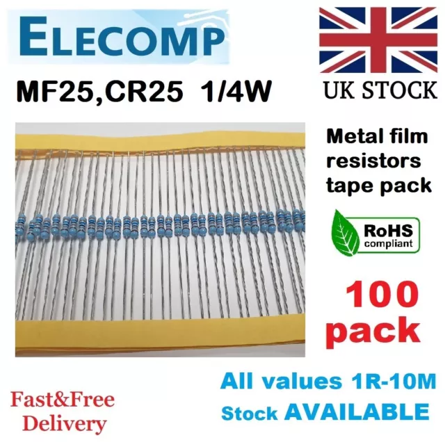 MF25 1/4W Resistors 1% All Values (0R-1K-10M) 100 Pack UK stock