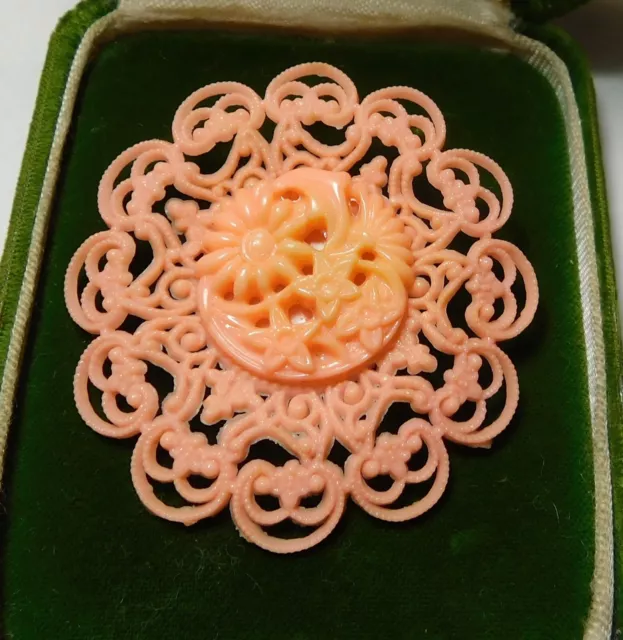 Vintage Art Deco Celluloid Early Plastic Pink Coral Flower Filigree Brooch