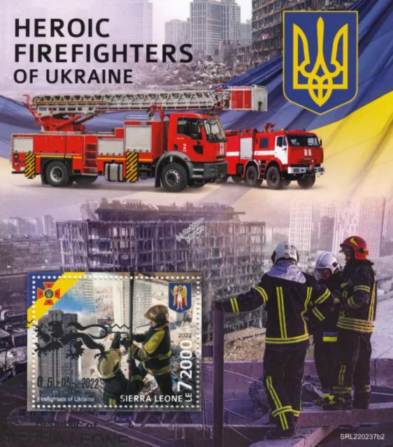 UKRAINE WAR Heroic Firefighters/Fire Engine Stamp Sheet #2 (2022 Sierra Leone)