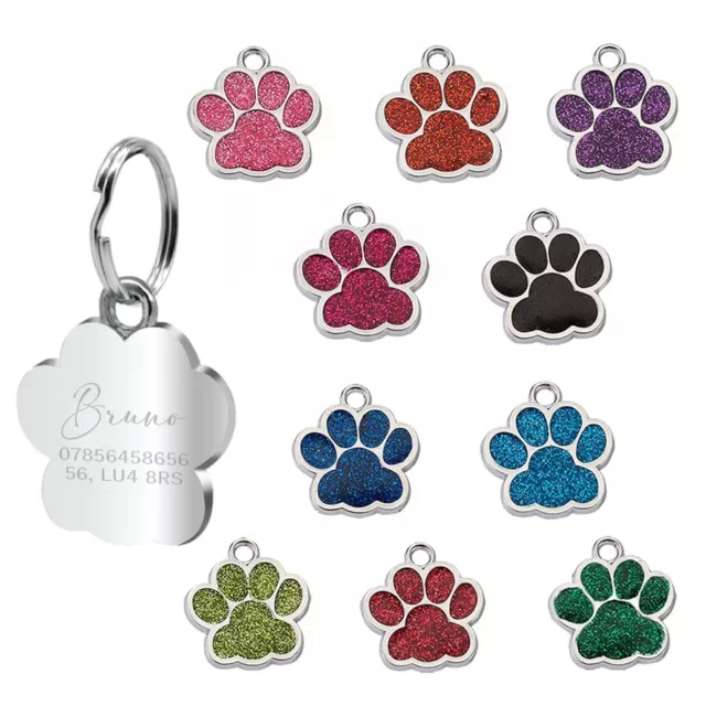 Cat Pet Tag ID Collar Charm Personalised Any Name Engraved Glitter Paw Print