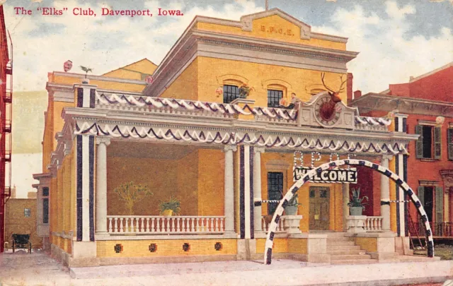 Davenport Iowa~BPOE~Elks Club~Head Mount Above Welcome Arch~Lights~1909 Postcard