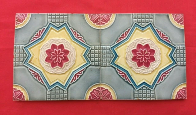 2 Piece Old Art Deco Flower Design Embossed Majolica Ceramic Tiles Japan 0035