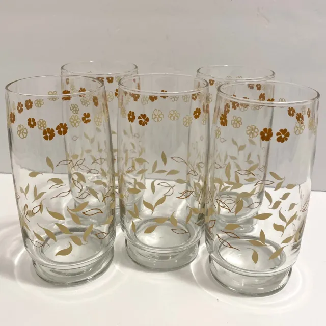 Four Vintage Libbey 5.5 Flower Juice Water Glasses Brown  & Tan on Clear