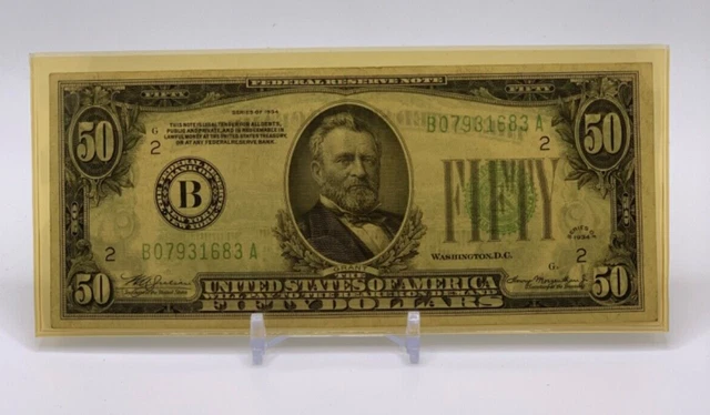 1934 $50 Federal Reserve Banknote. Bank of New York, light green seal