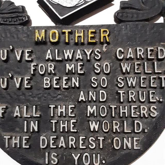 VINTAGE MOTHER PLAQUE Cast Iron Metal Wall Hanging 5" Poem Baby Shoes