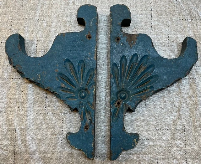 2 Antique Hand Made Teal  Ornate Corbels? Decor Primitive Victorian Rare