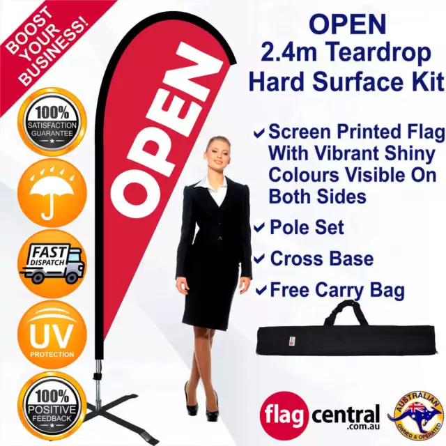 OPEN Red 2.4m Teardrop Flag/Banner Kit with Cross Base *Outdoor *UV Protected