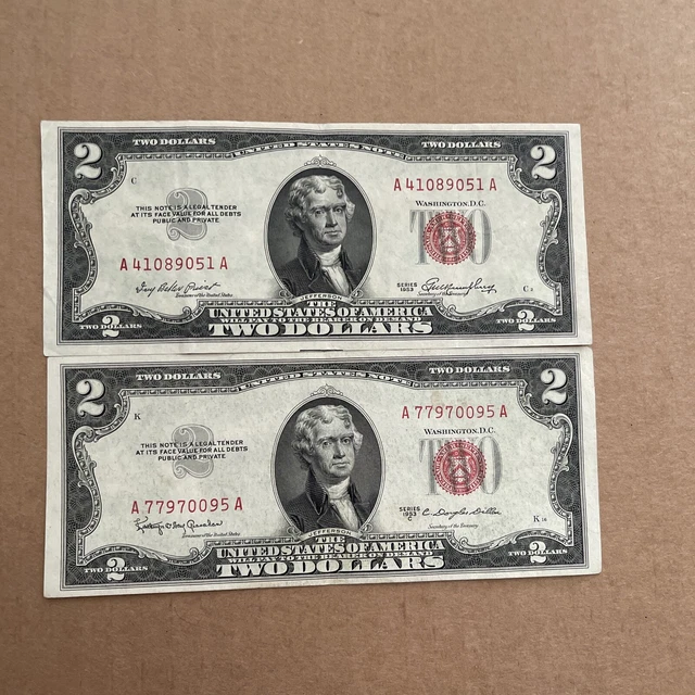 Lot of 2 - 1953 $2 DOLLAR BILL LEGAL TENDER RED SEAL NOTE