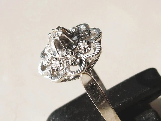 Bague Ancienne En Or Bicolore 18K (750) - Taille 59 - Rose De Diamant - Début 1900 - Occasion Très Bon état