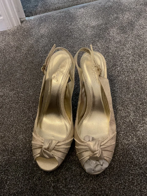 NEXT ladies gold satin high heels peep toe occasion shoes size 7 new with box