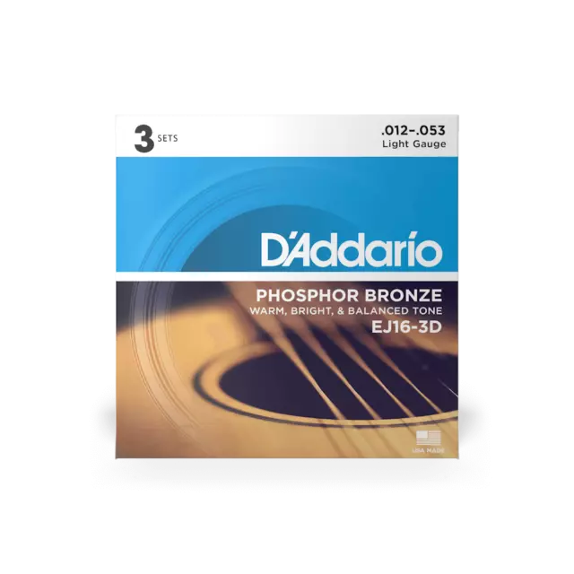 Acoustic Strings (3 Sets), By D'Addario EJ163D Phosphor Bronze Light Gauge 12/53 2