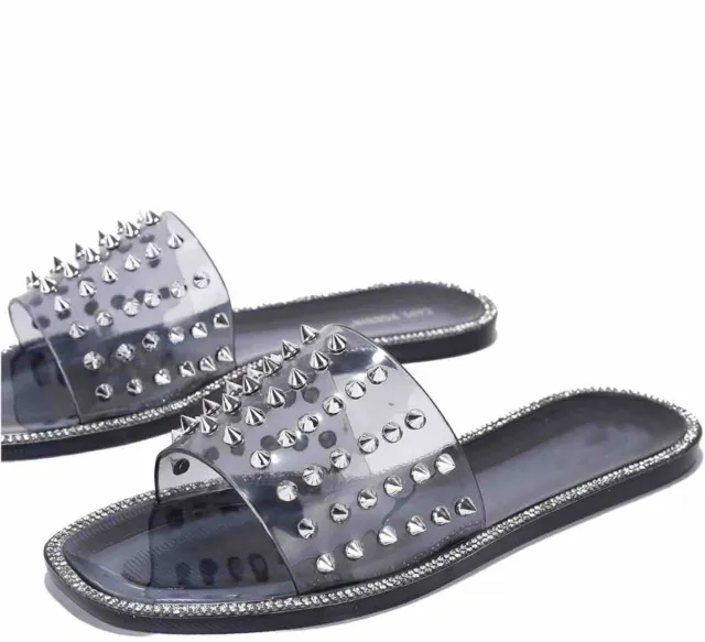 BEBE Slides Womens Size 6 Black & Clear Spiked Slip On Sandals Rhinestone Trim