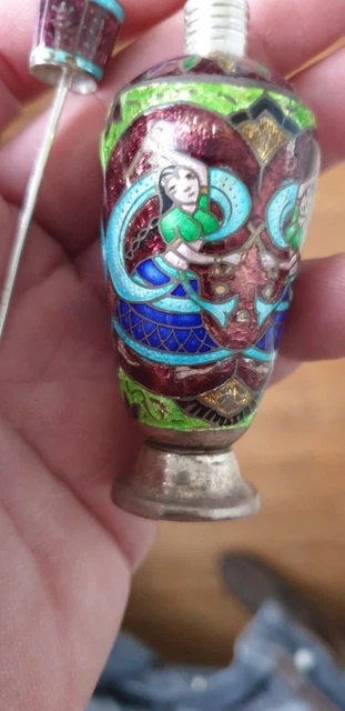 BOITE A KHOL EN ARGENT EMAILLE FLACON INDE XXemeS BELLE QUALITE NEUVE 3