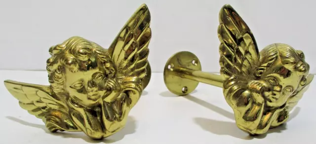 Vintage Brass Cherub Angel Wall 2 Hooks Hangers Holder Coat Towel Clothes EUC