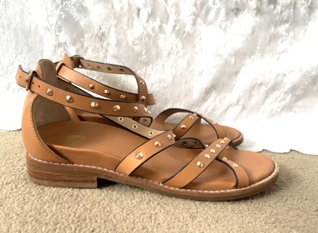 Gorgeous  "BARED"  Tan Leather Studded Ankle Strap Sandals Size 37