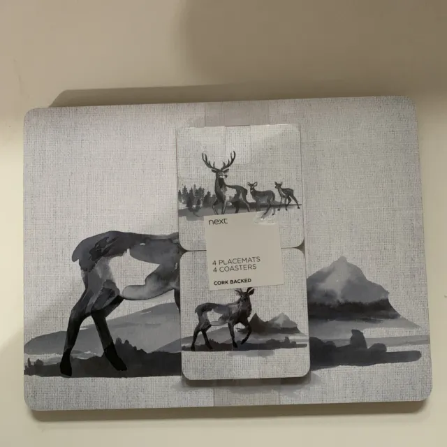 New Next Aspen Stag Cork Backed 4 Placemats & 4 Coasters Set
