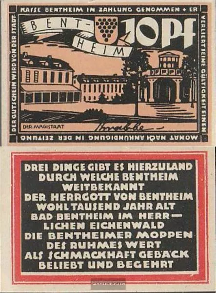 Bentheim Notgeld: 75.1 10 Pf Notgeld der Stadt Bentheim bankfrisch 1921 10 Pfenn