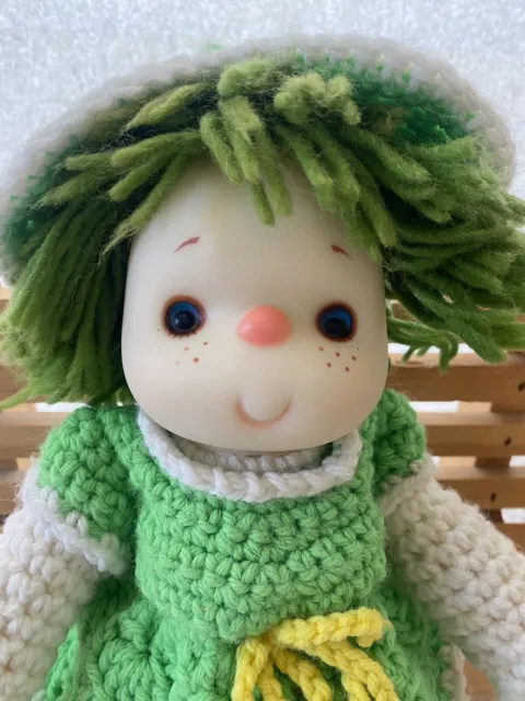 Ice Cream Doll 14” Hand Crochet Dress Yarn Hair Plush Vtg 80s Key Lime Green.