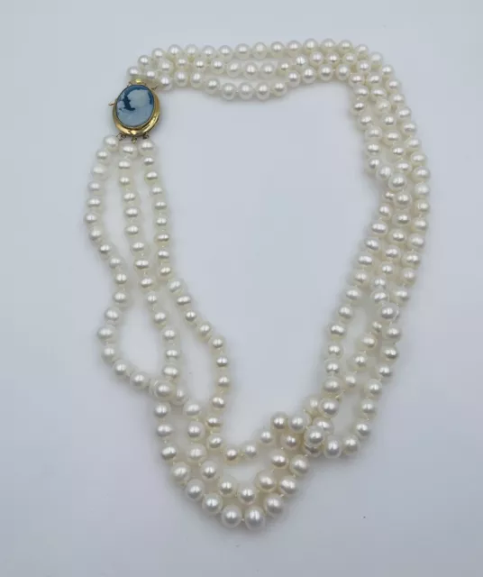 Vintage Blanc Perle de Culture Triple Strand 14k Or Calcédoine Collier Camée