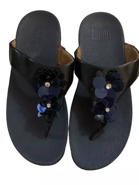 Fitflop Size 8 LuLu Flower Toe Post Thong Blue Sandals Flip Flops Bling Stones