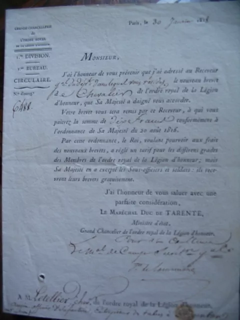 Document ancien pour Légion d'Honneur,  Maréchal Duc de TARENTE 1818  